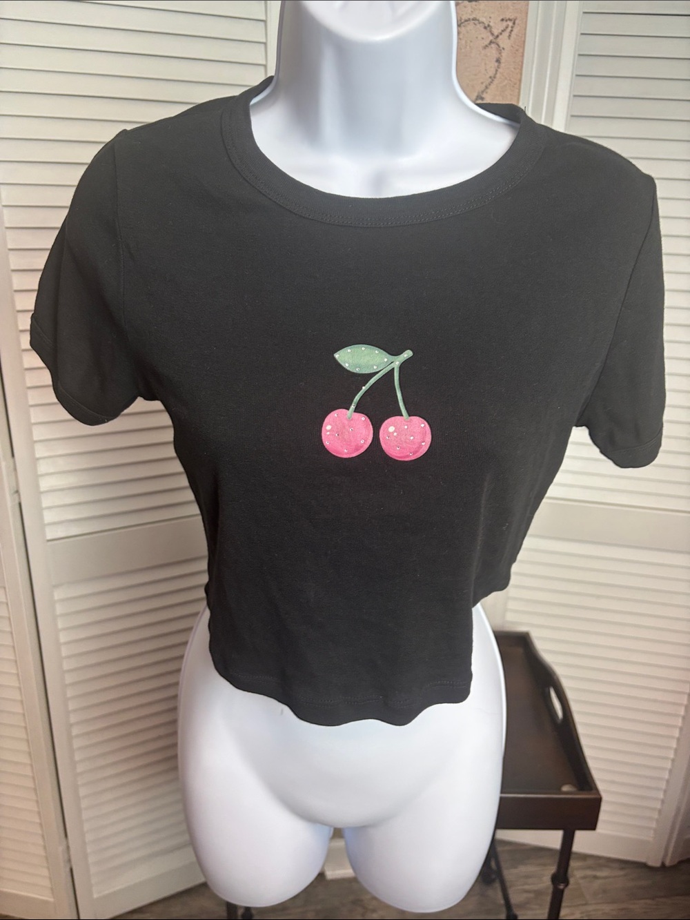Streetwear Society Black Crop T-Shirt with Pink Cherry Graphic